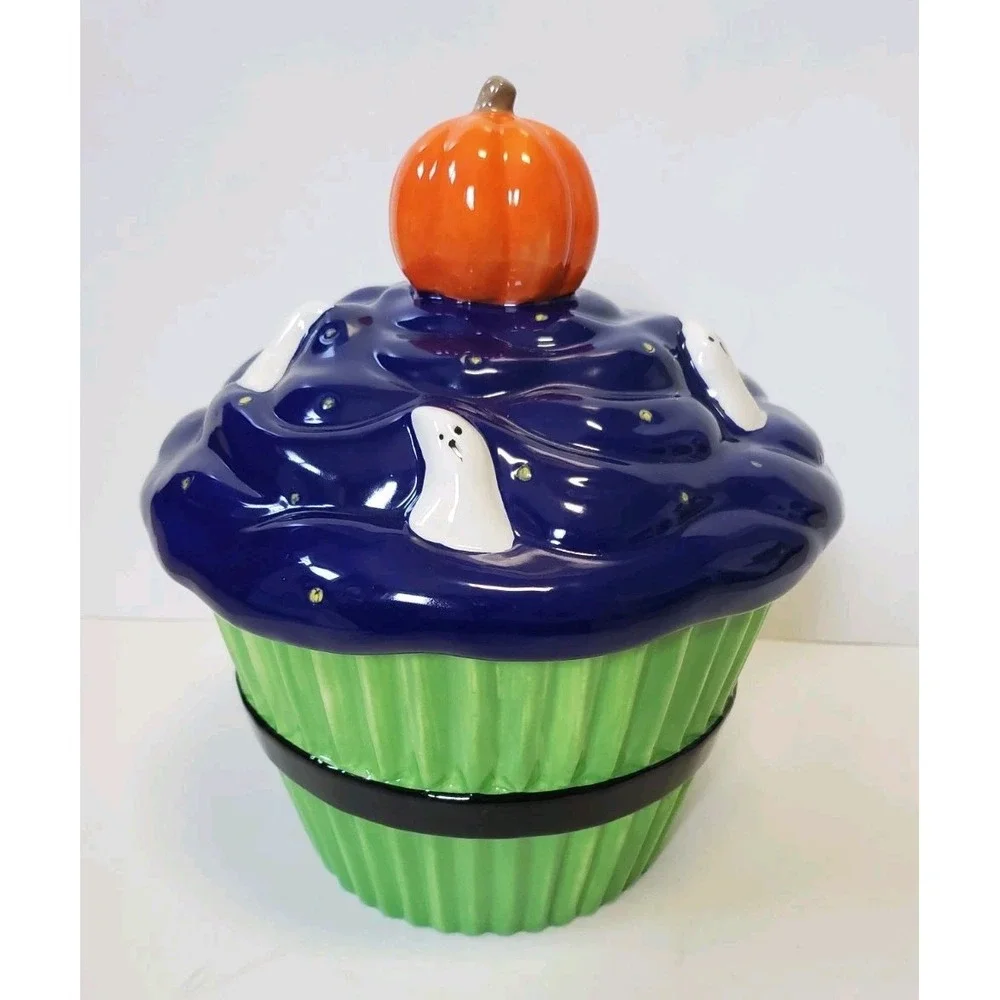 Halloween Cupcake Cookie Jar Canister Ghost Pumpkin Purple Green Candy